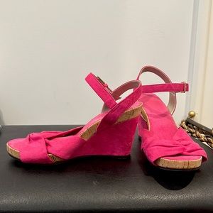 Pink suede open toe wedges